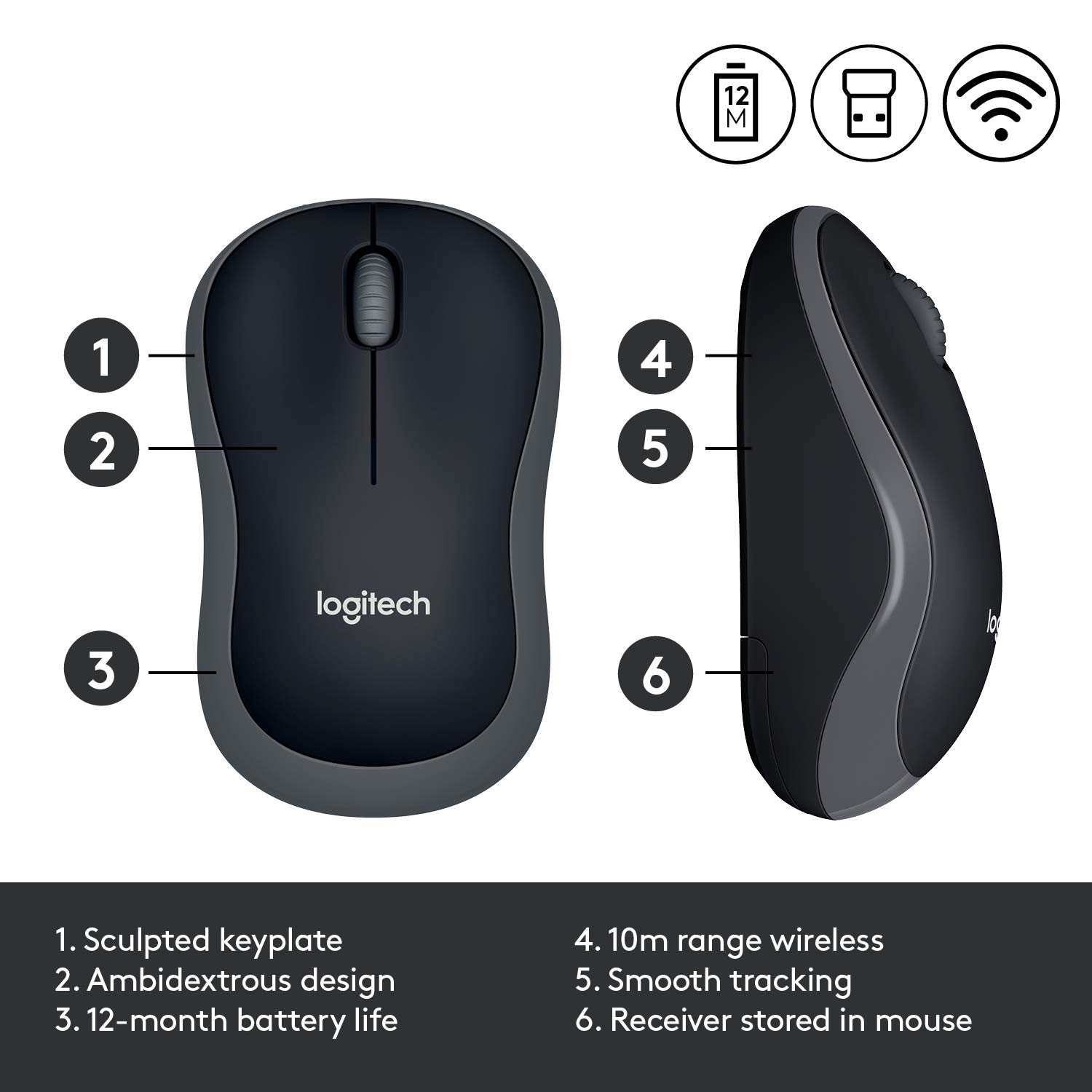 Logitech M185 Wireless Mouse USB for PC Windows, Mac and Linux, Grey with Ambidextrous Design-Black - Image 3