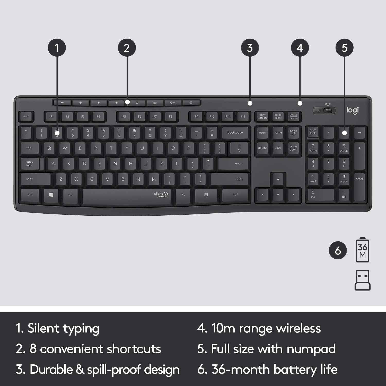 Logitech MK295 Wireless Keyboard and Mouse Combo - SilentTouch Technology, Full Number Keyboard, Shortcut Buttons, Nano USB Receiver, 90% Less Noise - Black - Image 8