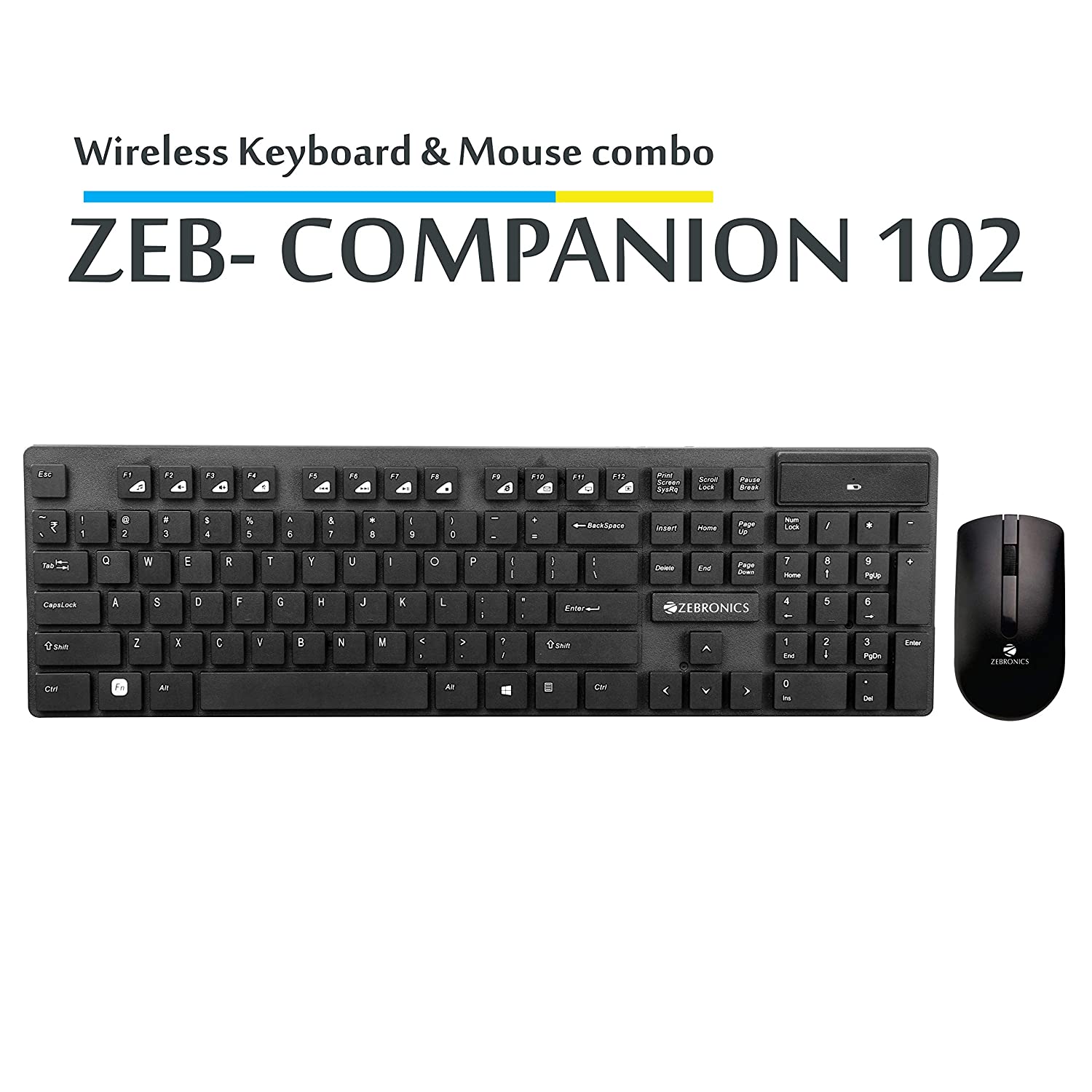 Zebronics Zeb-Companion 102 Wireless Keyboard and Mouse Combo, 104 Keys/Rupee Key, 1200 DPI Optical Sensor Mice, USB Nano Receiver