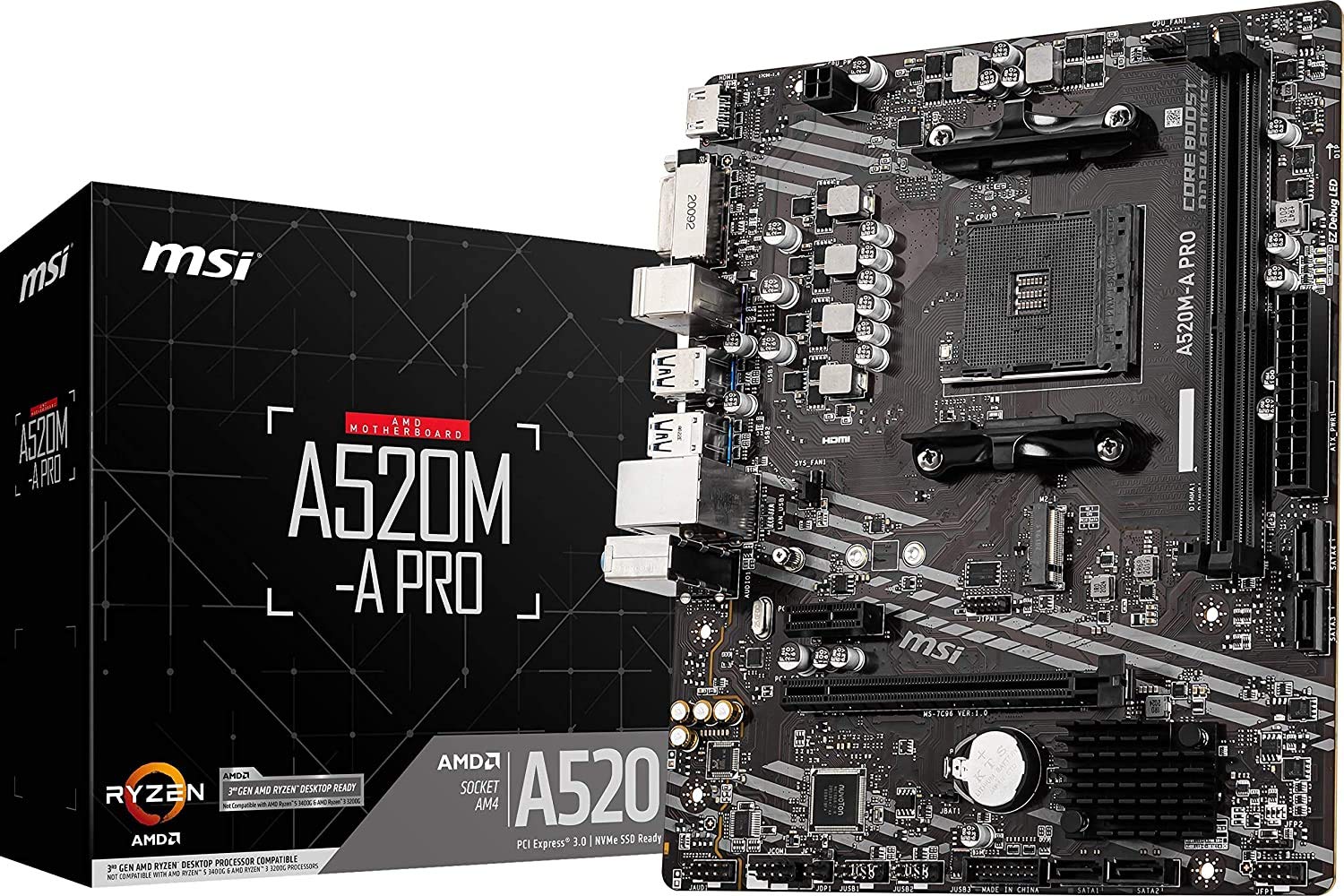 MSI A520M-A PRO Gaming Motherboard (AMD AM4, DDR4, PCIe 4.0, SATA 6Gb/s, Dual M.2, USB 3.2 Gen 1, DVI/HDMI, Micro-ATX)