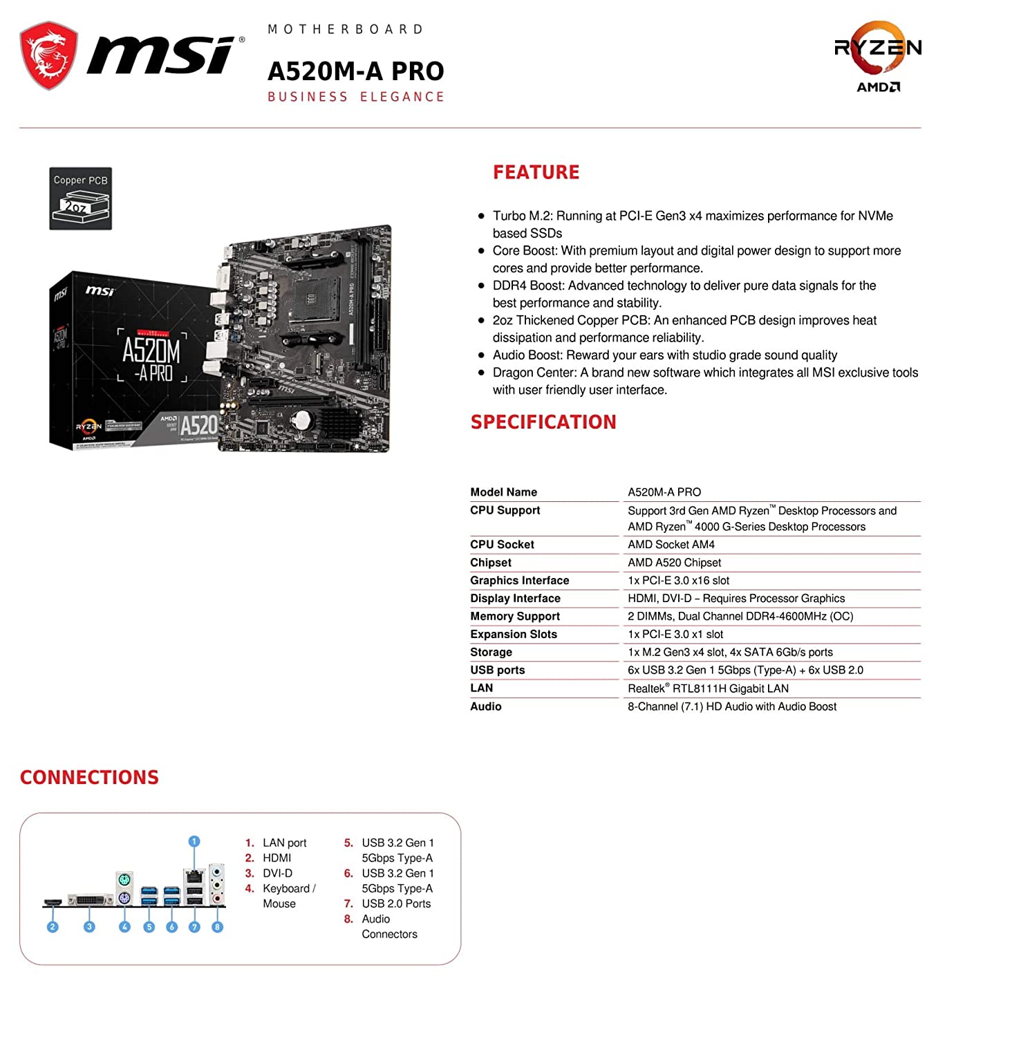 MSI A520M-A PRO Gaming Motherboard (AMD AM4, DDR4, PCIe 4.0, SATA 6Gb/s, Dual M.2, USB 3.2 Gen 1, DVI/HDMI, Micro-ATX) - Image 8