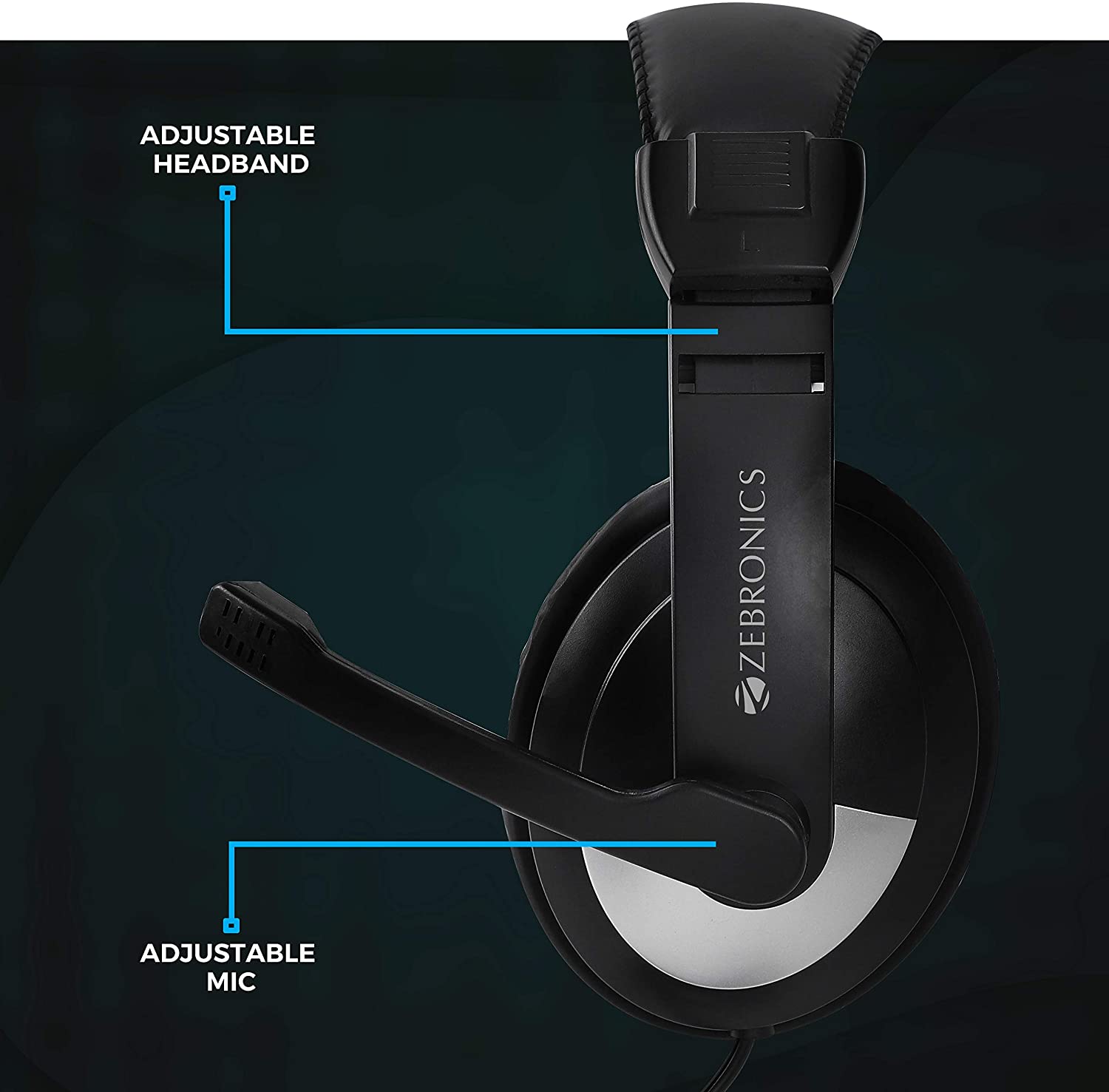 Zebronics Zeb-200HM Headphone with Mic, Dual 3.5mm Connectors, Adjustable Headband & Mic, for PC Computers/Laptop - Image 4