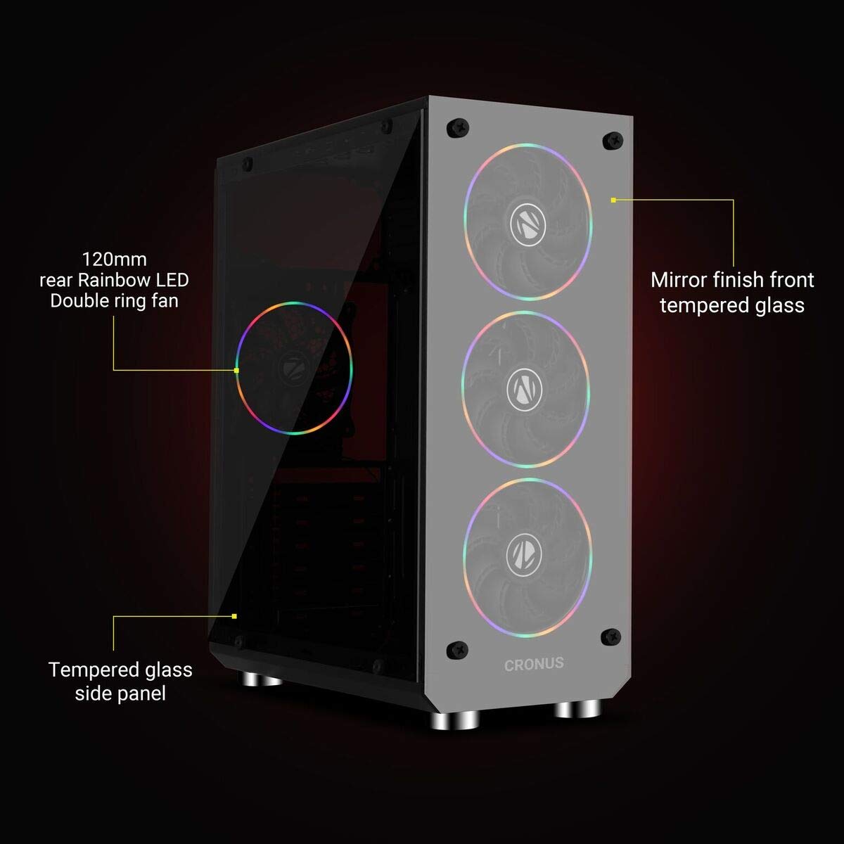 Zebronics Zeb-Cronus Premium Gaming Cabinet with Mirror Finish Tempered Glass On Front,Tempered Glass On Side & 4 x120mm Rainbow Double Ring LED Fans - Image 2