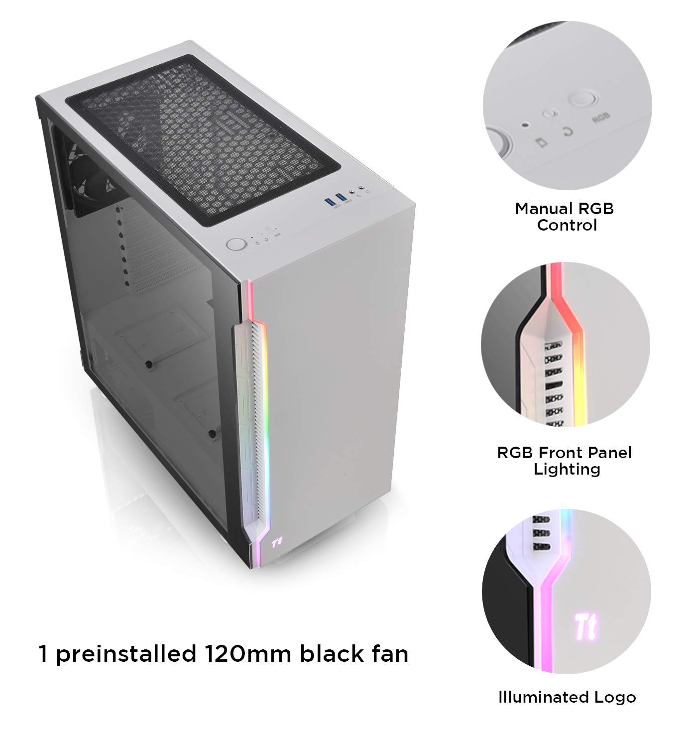 Thermaltake H200 Tempered Glass Snow Edition RGB Light Strip ATX Mid Tower Case with One 120mm Rear Fan Pre-Installed CA-1M3-00M6WN-00 - Image 4