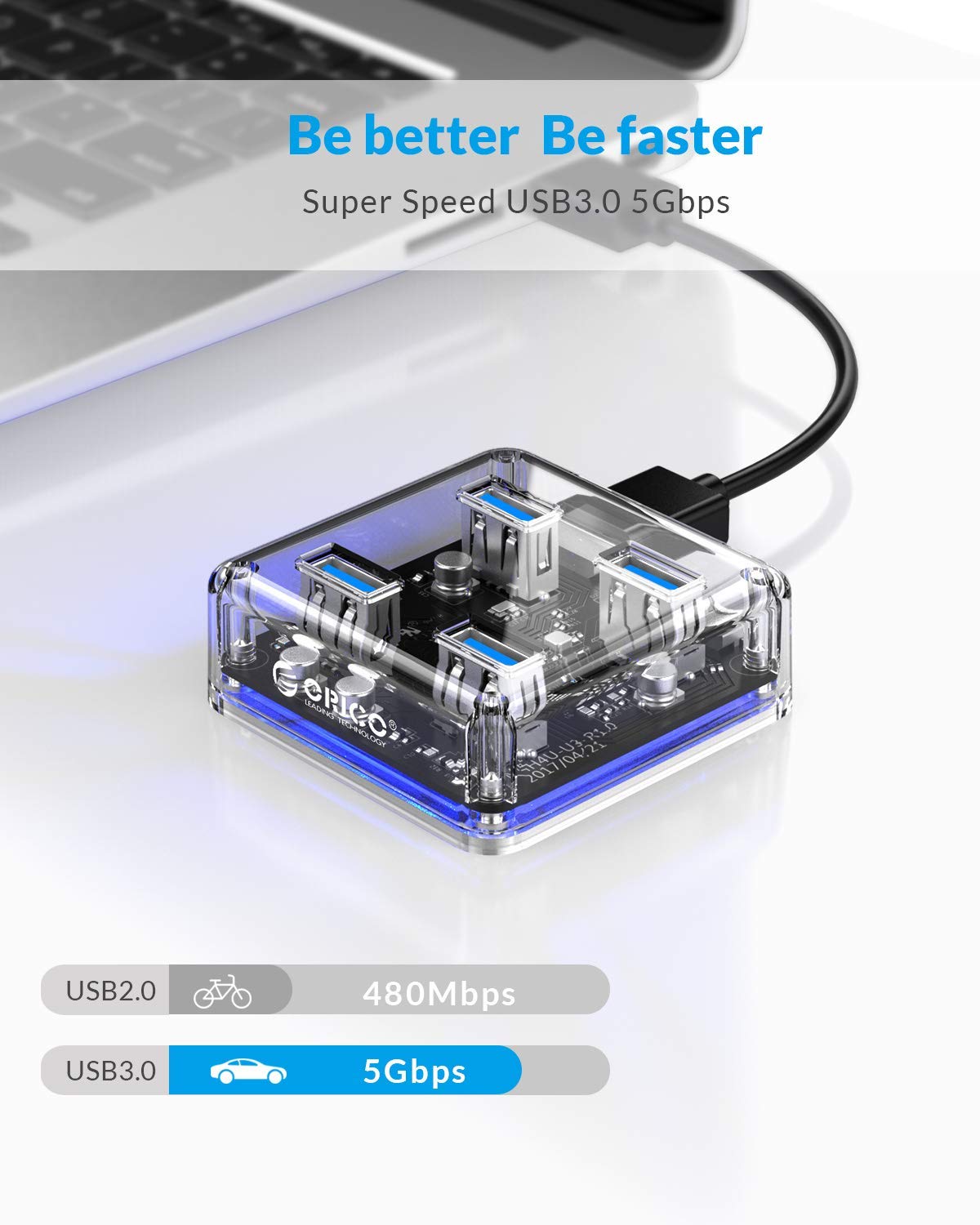 ORICO 4 Ports Hub Transparent USB 3.0 Hub Support Offline Powered and OTG Function with 30CM Cable - Image 4