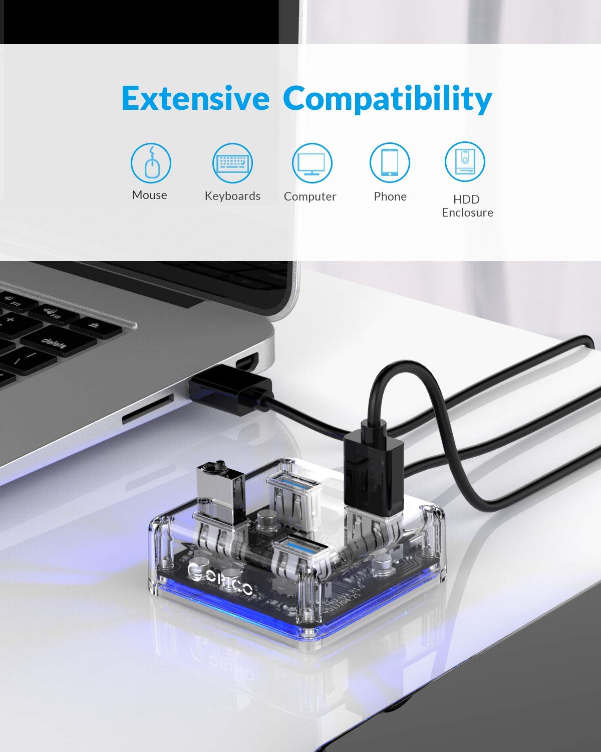 ORICO 4 Ports Hub Transparent USB 3.0 Hub Support Offline Powered and OTG Function with 30CM Cable - Image 6