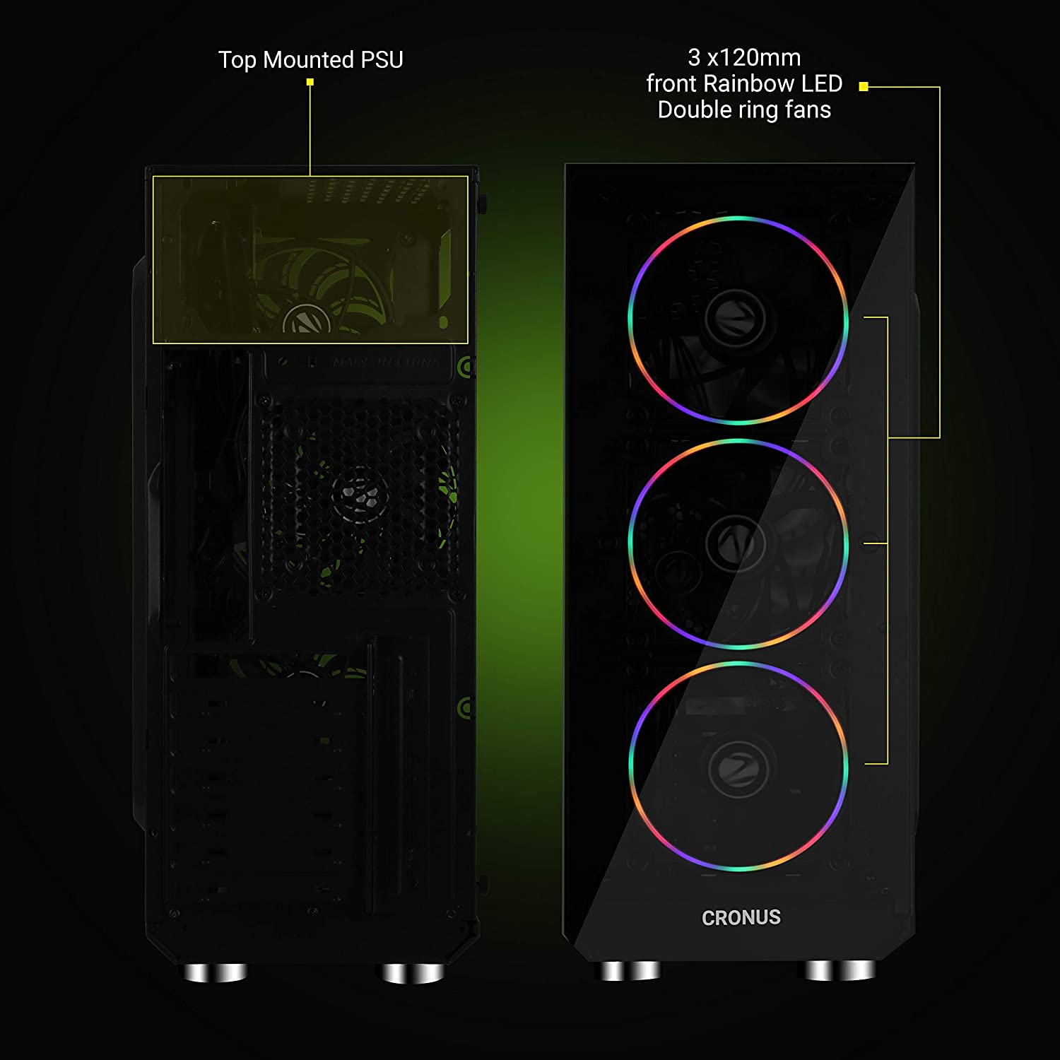 Zebronics Zeb-Cronus Premium Gaming Cabinet with Mirror Finish Tempered Glass On Front,Tempered Glass On Side & 4 x120mm Rainbow Double Ring LED Fans - Image 3