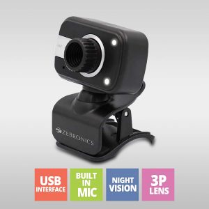 Zebronics Zeb-Crystal Clear Web Camera with 3P Lens,Built-in Microphone,Auto White Balance,Night Vision and Manual Switch for LED (Black)