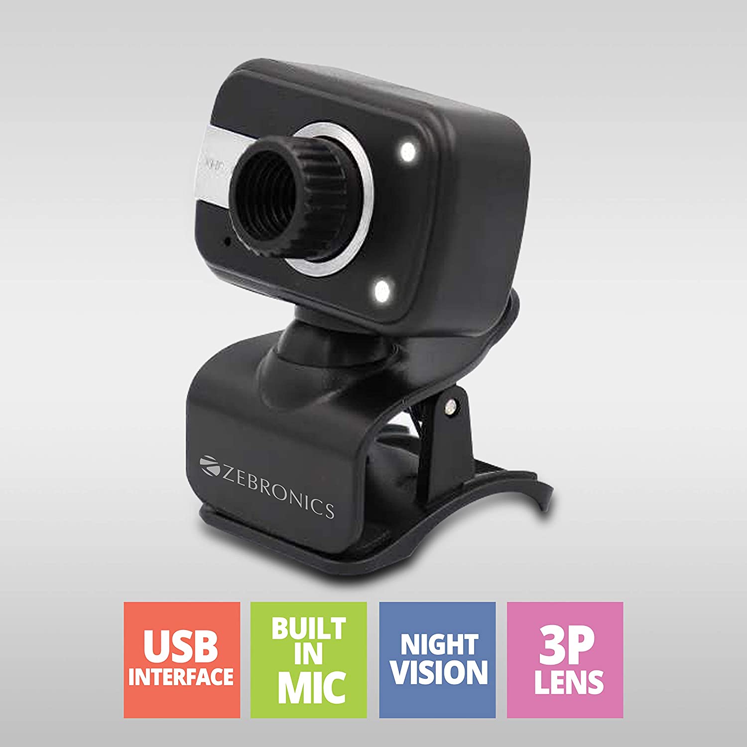 Zebronics Zeb-Crystal Clear Web Camera with 3P Lens,Built-in Microphone,Auto White Balance,Night Vision and Manual Switch for LED (Black)
