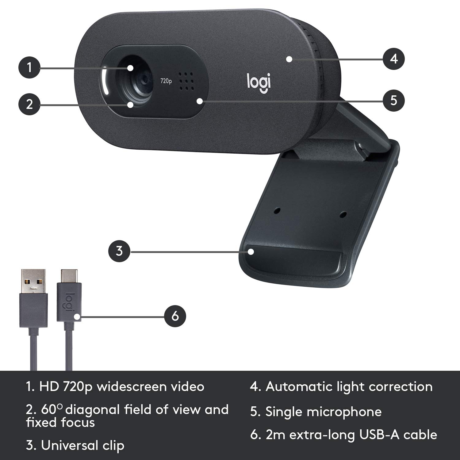 Logitech C505 HD Webcam - 720p HD External USB Camera for Desktop or Laptop with Long-Range Microphone, Compatible with PC or Mac - Grey - Image 7