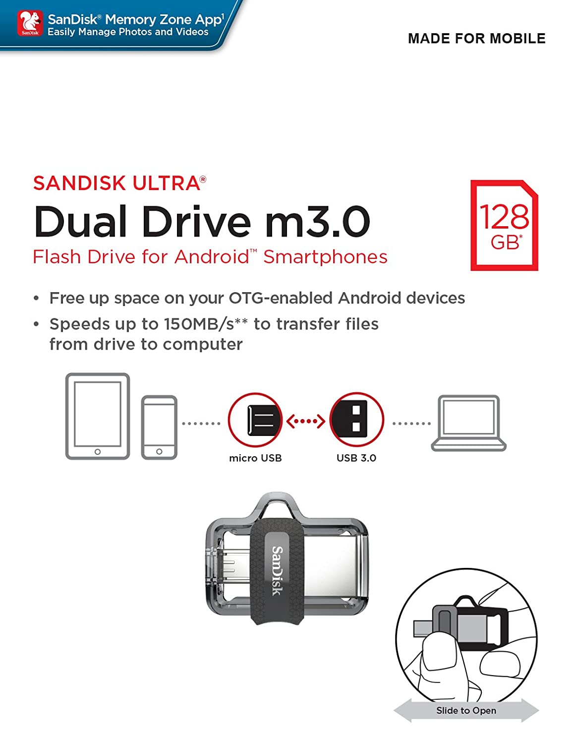 SanDisk Ultra Dual SDDD3-128G-I35 USB 3.0 128GB Flash Drive (Dual Micro-USB and USB 3.0 connectors) - Image 2