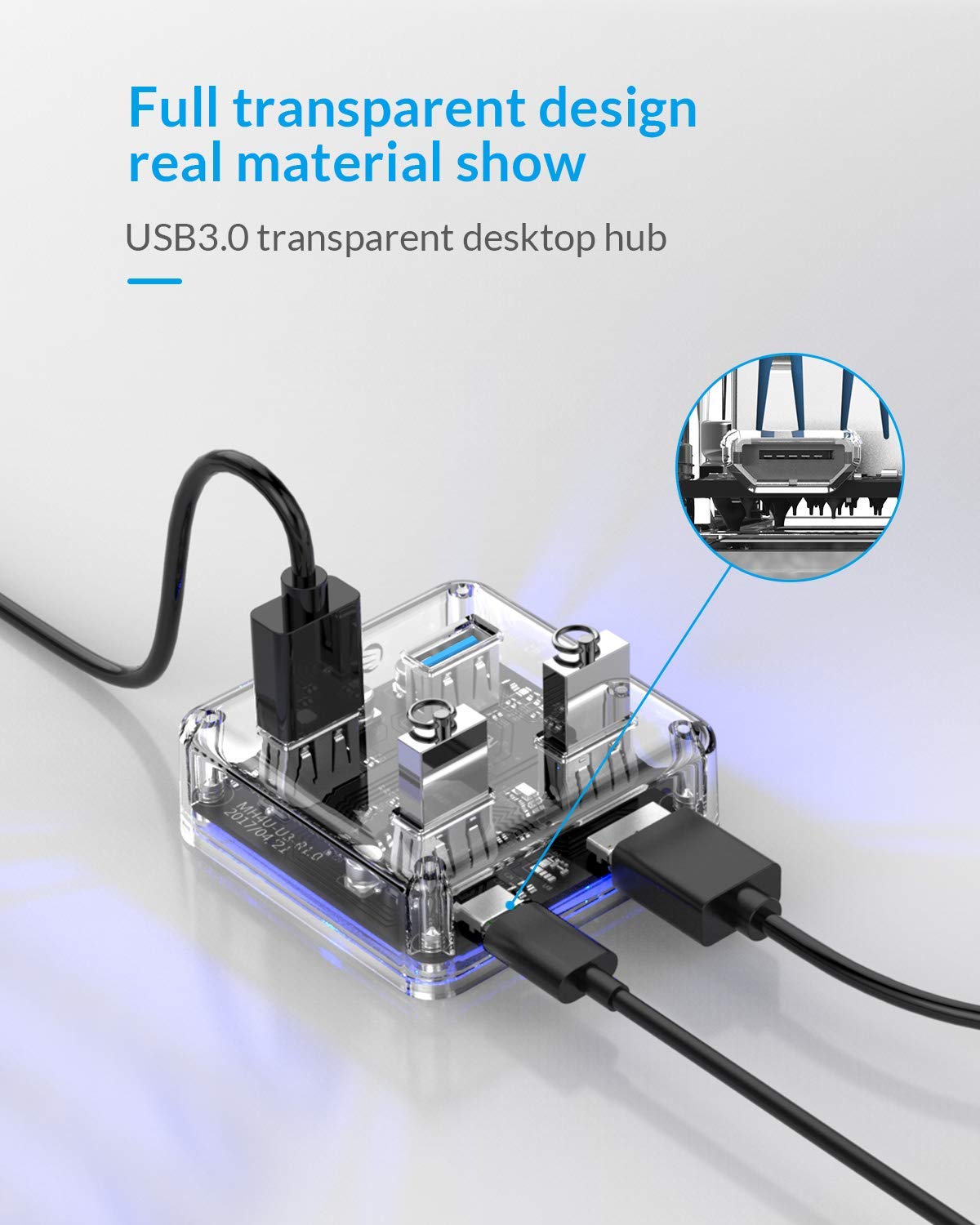 ORICO 4 Ports Hub Transparent USB 3.0 Hub Support Offline Powered and OTG Function with 30CM Cable - Image 5