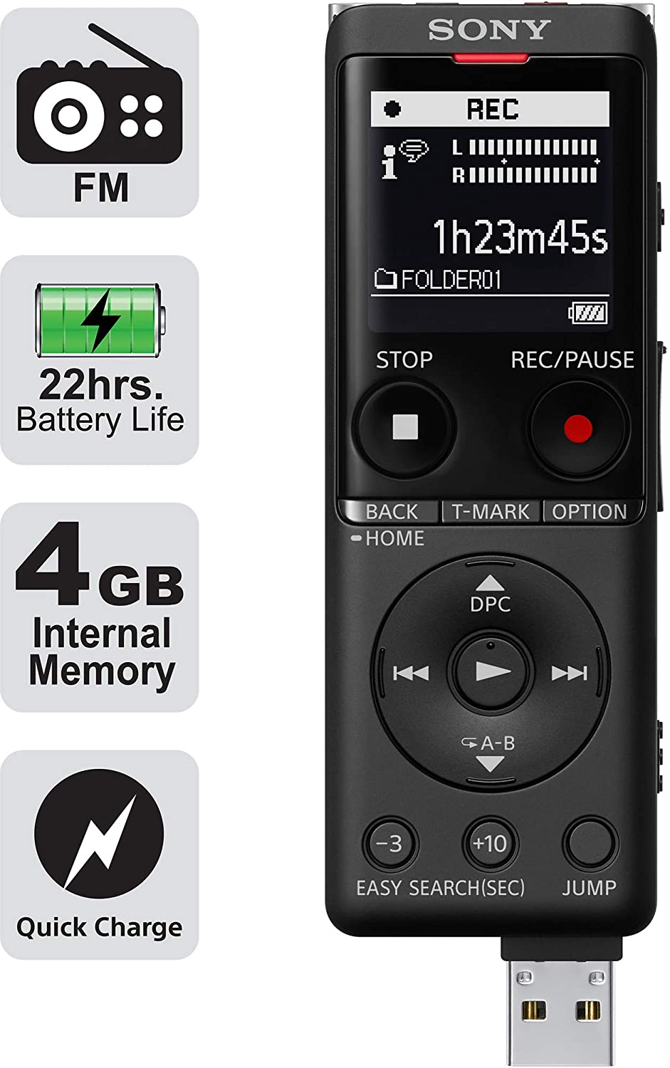 Sony ICD-UX570F Light Weight Voice Recorder, with 20hours battery life, 4GB Built-In memory -Black - Image 2