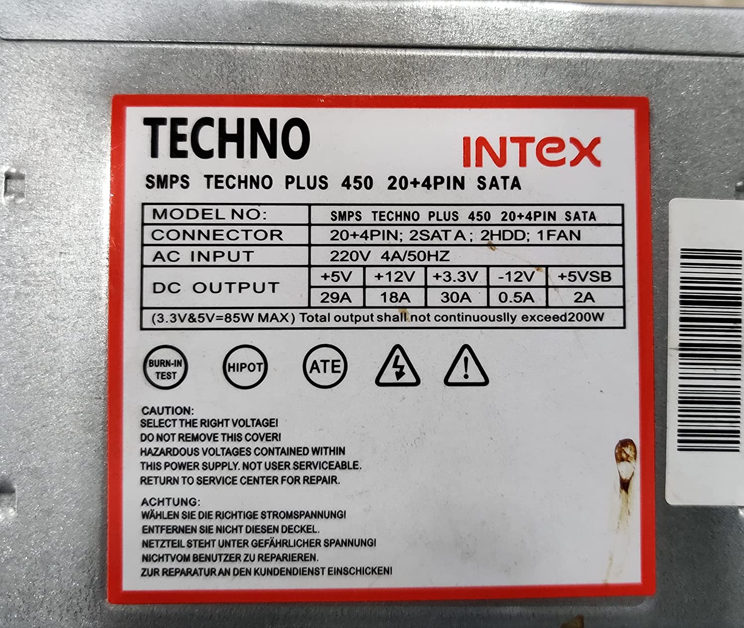 Intex SMPS Techno 450 20 + 4pin Sata
