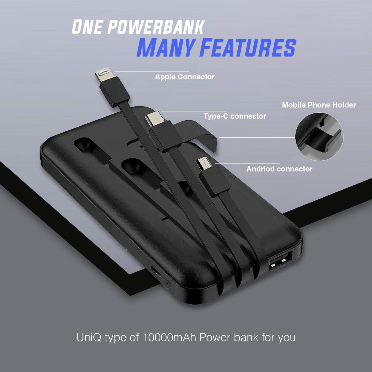 HI SMART S1001 10000 -mAh Li-Polymer Power Bank Black with 3 Output Cable - Image 4