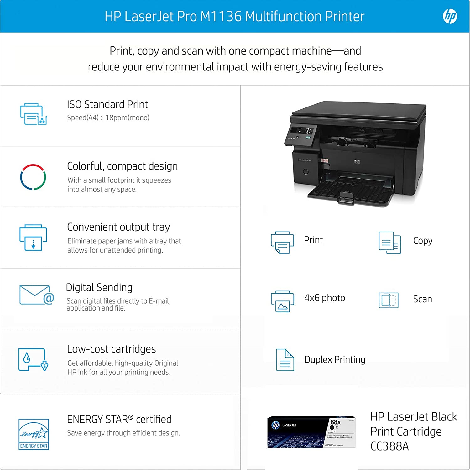HP Laserjet Pro M1136 Printer, Print, Copy, Scan, Compact Design, Reliable, and Fast Printing - Image 3