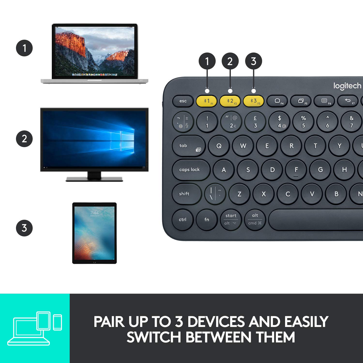 Logitech K380 Wireless Multi-Device Bluetooth Keyboard for Windows, Apple iOS, Apple TV, Android or Chrome, for PC/Mac/Laptop/Smartphone/Tablet - Image 2