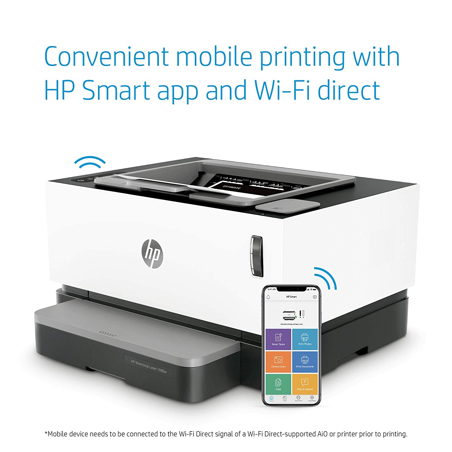 HP Neverstop 1000w WiFi Enabled Monochrome Laser Printer, 80% Savings on Genuine Cartridge, Self Reloadable with 5X Inbox Yield, Smart Tasks with HP Smart App, Low Emission & Clean Air Quality