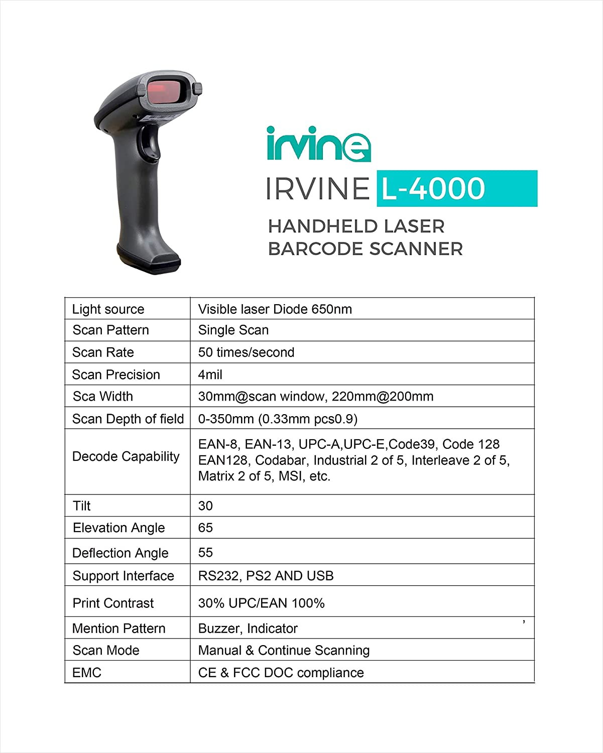 Irvine L-4000 Wired Handheld Laser Barcode Scanner - Image 2