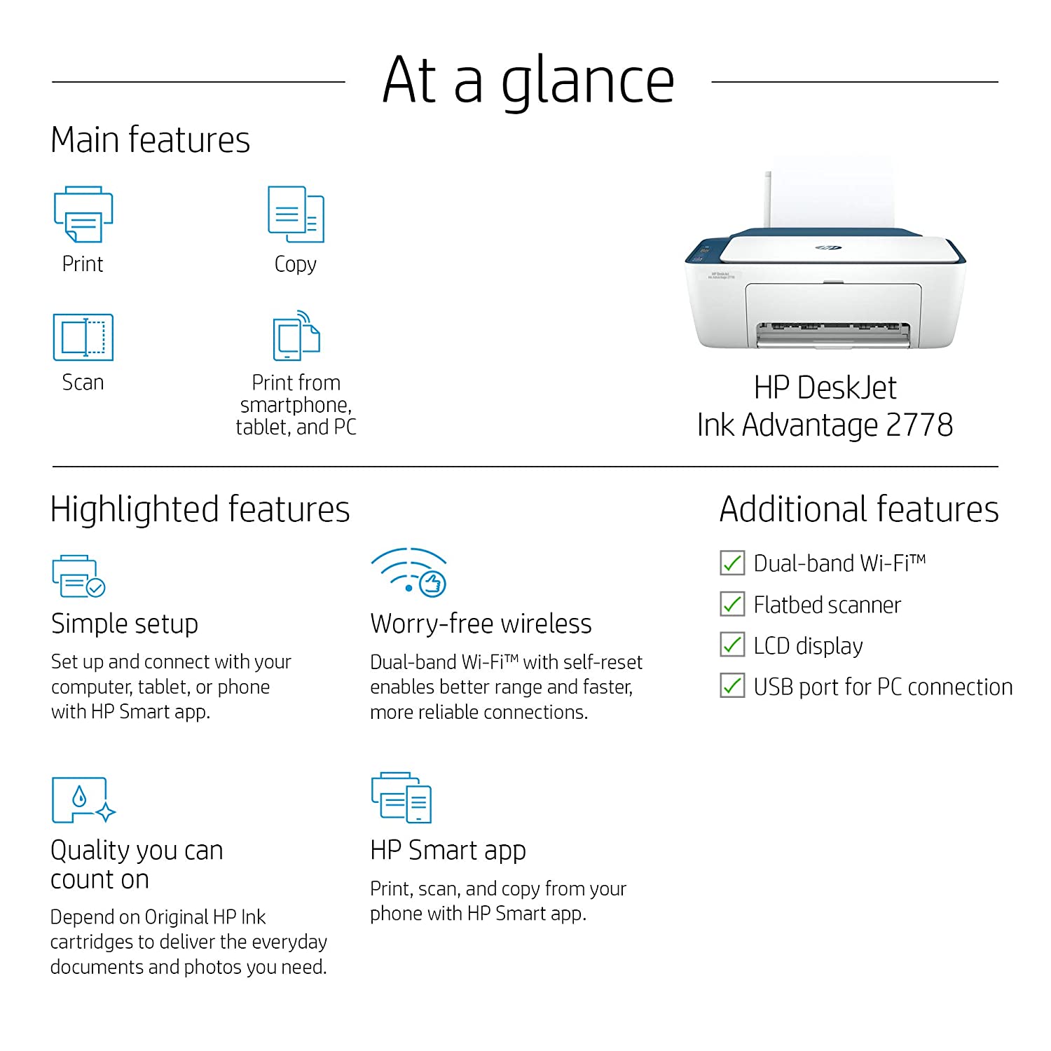 HP Deskjet Ink Advantage 2778 WiFi Colour Printer, Scanner and Copier for Home/Small Office, Dual Band WiFi, Compact Size, Easy Set-Up Through HP Smart App On Your Mobile - Image 4