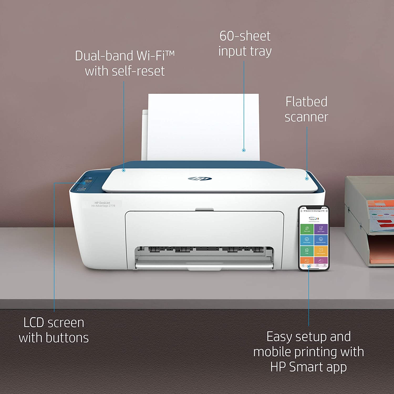 HP Deskjet Ink Advantage 2778 WiFi Colour Printer, Scanner and Copier for Home/Small Office, Dual Band WiFi, Compact Size, Easy Set-Up Through HP Smart App On Your Mobile - Image 3