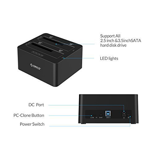 ORICO 6629US3-C USB3.0 to SATA3.0 Dual Bay External Hard Drive Docking Station for 2.5 & 3.5 inch HDD, SSD with Duplicator (Black) - Image 7