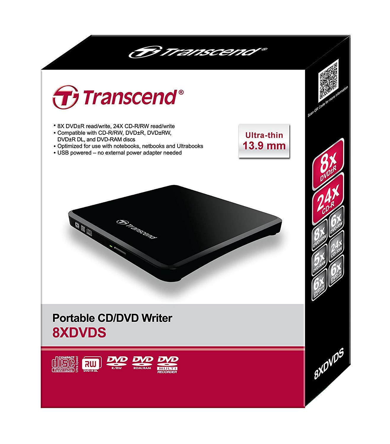 Transcend Ultra Slim Portable External USB CD/DVD Writer Model no. TS8XDVDS-K - Image 4