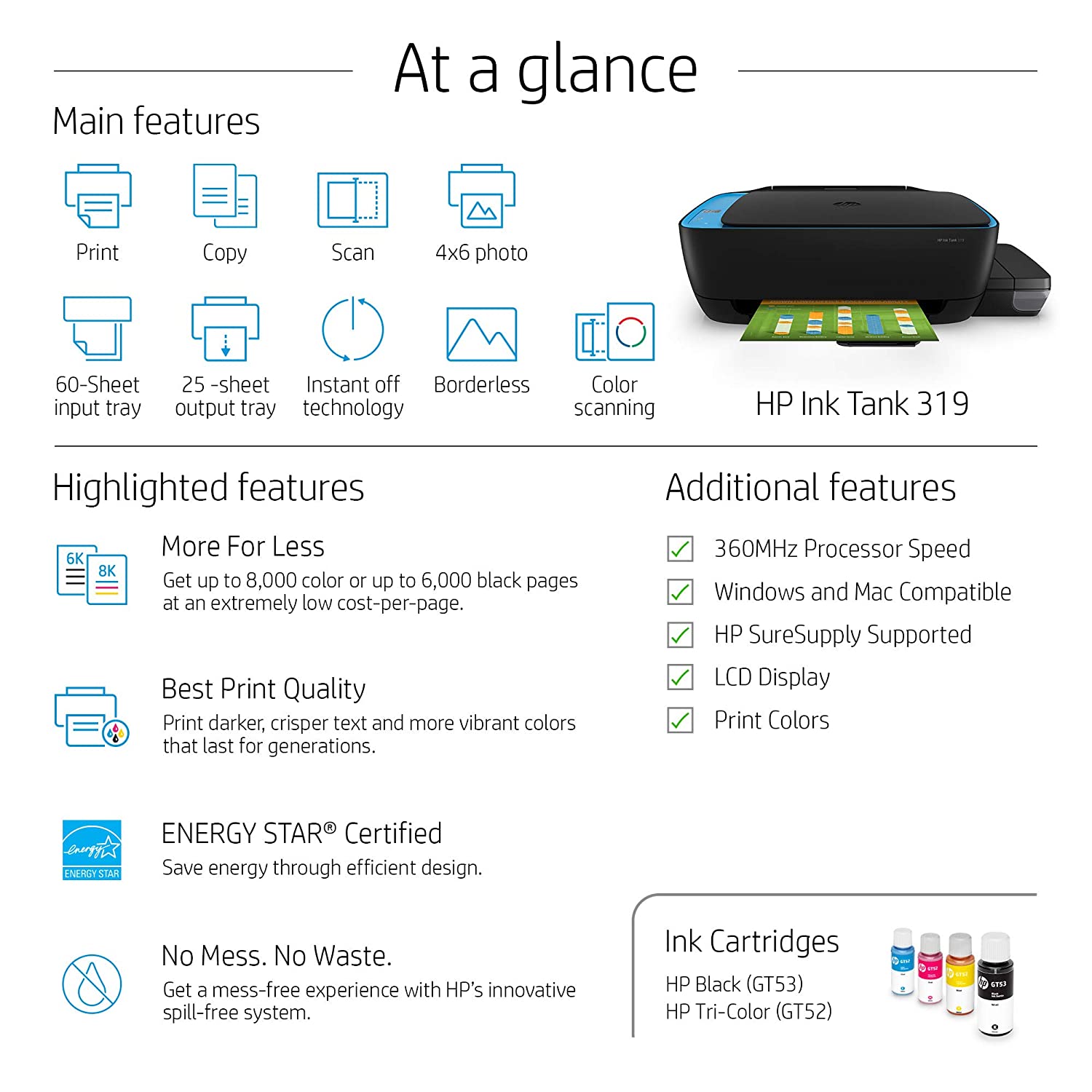 HP Ink Tank 319 Colour Printer, Scanner and Copier for Home/Office, High Capacity Tank (15,000 Black and 8000 Colour), Per Page(10P for B/W and 20P for Colour), Borderless Printing - Image 6