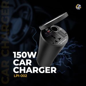 Lapcare 150W Portable Smart Car Charger with Dual USB Fast Charging Port, AC pin, Cigarette Lighter.
