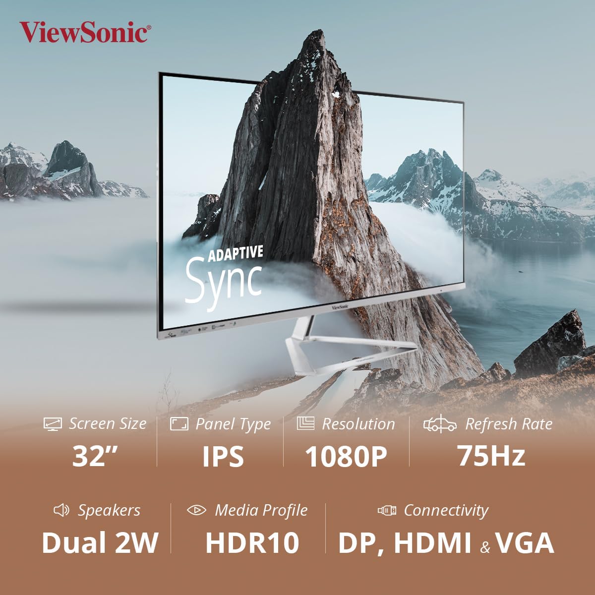 ViewSonic 32-inch 75Hz FHD HDR10 sRGB 104% IPS Monitor with Slim Bezel & Metallic Triangle Sliver Stand, HDMI, DP, Speaker*2, Eye-Care, Flicker Free, & 5Year Warranty Upon Registration - VX3276-MHD-3 - Image 4