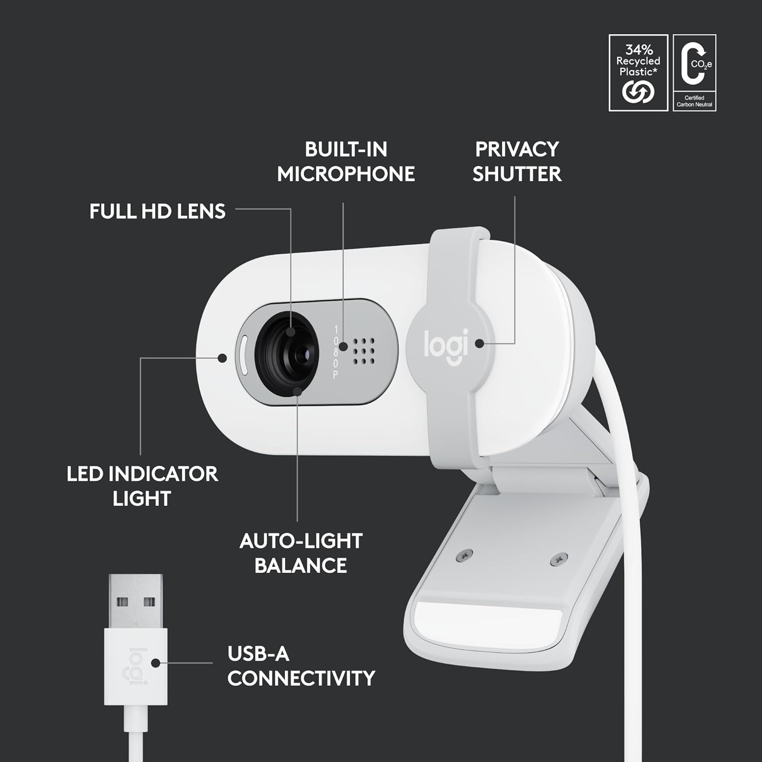 Logitech Brio 100 Full HD Webcam for Meetings and Streaming, Auto-Light Balance, Built-in Mic, Privacy Shutter, USB-A, for Microsoft Teams, Google Meet, Zoom and More- OffWhite - Image 7