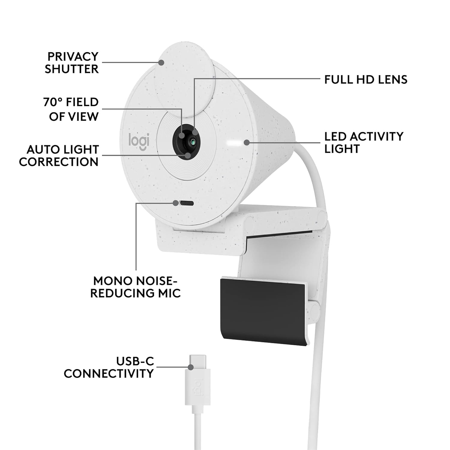 Logitech Brio 300 Full HD Webcam with Privacy Shutter, Noise Reduction Microphone, USB-C, Certified for Zoom, Microsoft Teams, Google Meet, Auto Light Correction - Off White - Image 8