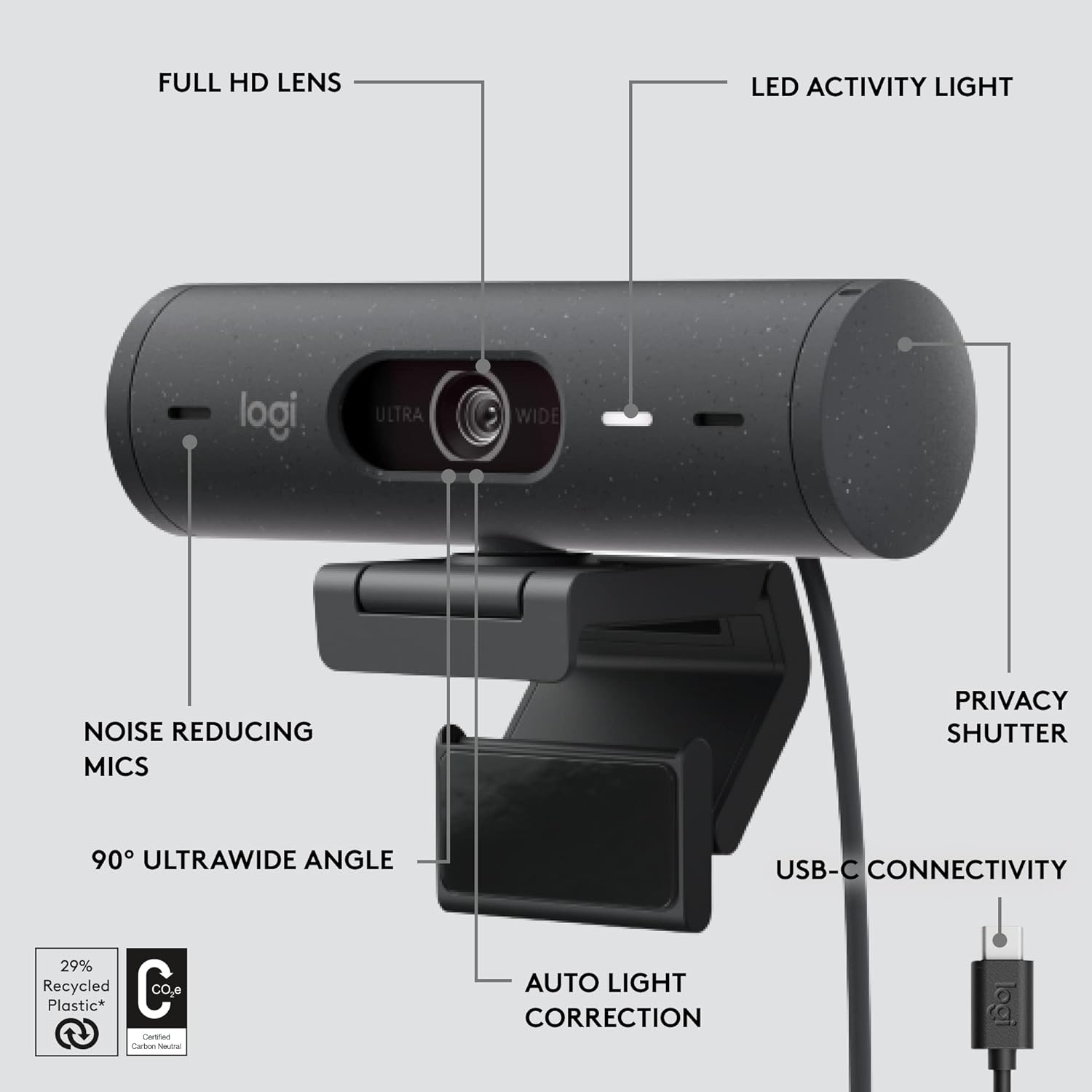 Logitech Brio 500 Full HD Webcam with Auto Light Correction,Show Mode, Dual Noise Reduction Mics, Webcam Privacy Cover, Works with Microsoft Teams, Google Meet, Zoom, USB-C Cable - Graphite - Image 3