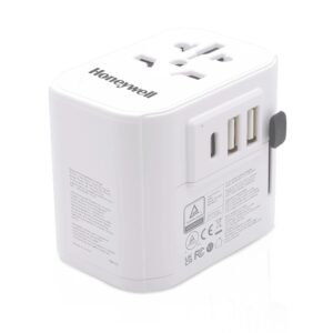 Honeywell Universal World Travel Adapter with 2xUSB Ports,1xTypeC PD30W Port,4-in-1 Worldwide Wall Charger for EU,US,UK & CN, Perfect for Laptop,Cell Phones, Cameras, 3 Years Manufacturer Warranty